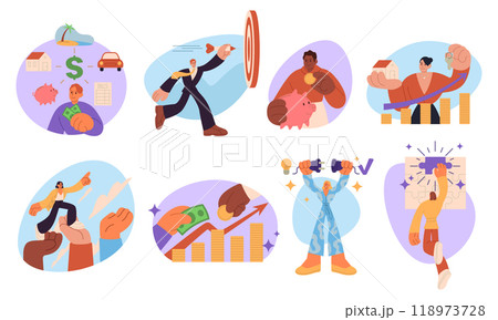 Money invest. Save salary. Financial growth budget. Bank graph business. Strategy to increase capital. Finance winner. Business target. Puzzle solution. Startup idea. Vector work success concepts set Money invest. Save salary. Financial growth budget. Bank graph business. Strategy to increase capital. Finance winner. Business target. Puzzle solution. Startup idea. Vector work success concepts set 118973728