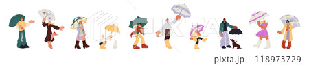 People walk umbrellas. Stormy wet weather. Man in coat. Woman standing in rain. Autumn street. Season shower. Character outdoor under monsoon fall. Dog in puddle. Summer rainfall. Vector persons set People walk umbrellas. Stormy wet weather. Man in coat. Woman standing in rain. Autumn street. Season shower. Character outdoor under monsoon fall. Dog in puddle. Summer rainfall. Vector persons set 118973729