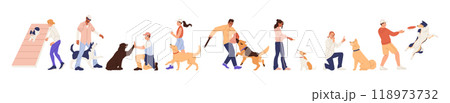 Dog, pet walk. Park puppy training, playground for pets. Jump animal, people run. Area activity friend. Playful woman and man with canine. Vector character cartoon flat style happy scenes illustration Dog, pet walk. Park puppy training, playground for pets. Jump animal, people run. Area activity friend. Playful woman and man with canine. Vector character cartoon flat style happy scenes illustration 118973732