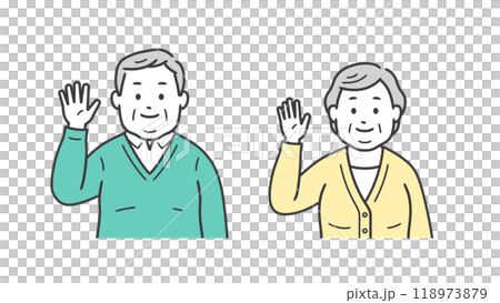 片手を上げて挨拶をする高齢者小太り男女の上半身イラスト 118973879