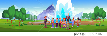 Excursion near geyser with railing and mountain Excursion near geyser with railing and mountain 118974028