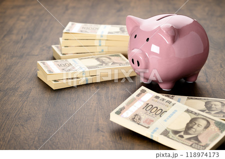 ブタの貯金箱と札束（新紙幣） 118974173