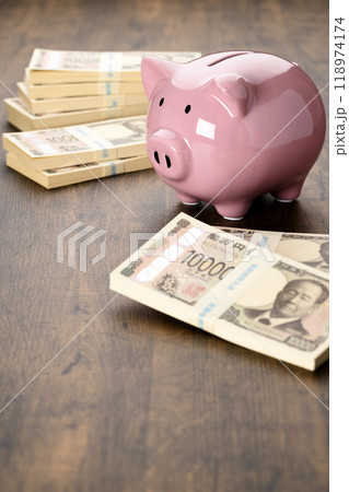 ブタの貯金箱と札束（新紙幣） 118974174