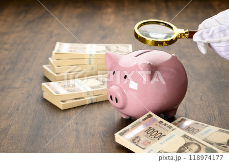 ブタの貯金箱と新紙幣の札束(+虫メガネ) ブタの貯金箱と新紙幣の札束(+虫メガネ) 118974177