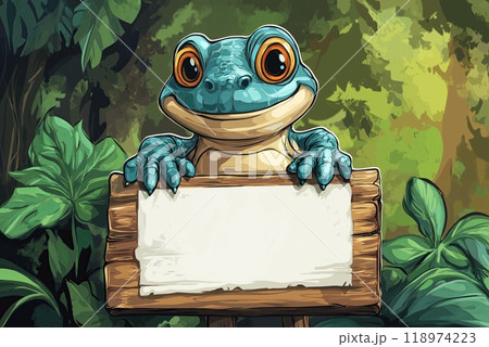 Cartoon frog with blank signboard in jungle background illustration for children. Back to school concept 118974223