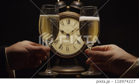 Gathering with Friends for a Celebratory Toast with Sparkling Champagne at Midnight 118974227