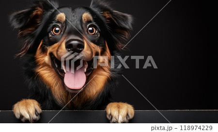 An Excited Dog Looks Up with a Happy Expression that Is Truly Endearing and Joyful, copy space 118974229
