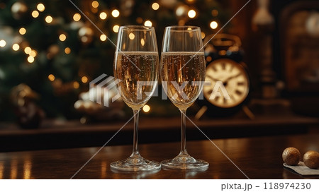 Two glasses of champagne on table in room decorated for Christmas and New Year 118974230