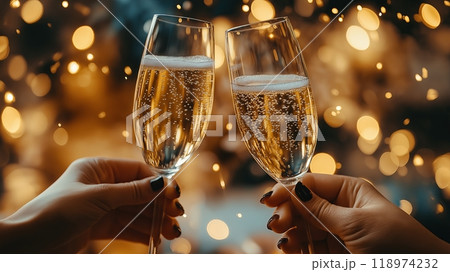 Two hands holding glasses of champagne with bokeh lights on background 118974232