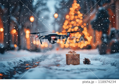 A Holiday Drone Delivering Joyful Gifts in a Beautiful Snowy Winter Wonderland Scene 118974234