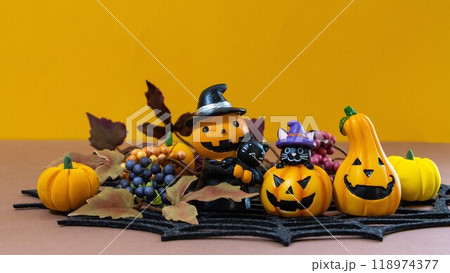 ハロウィン背景 2　蜘蛛の巣とカボチャと黒猫と落ち葉 118974377