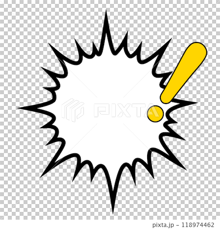 黄色いベタ塗りのビックリマーク付き輝き型爆発型の吹き出し 118974462