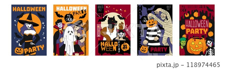 Halloween banner. Holiday party. October celebration card. Event invitation. Cartoon people in masquerade costumes. Carnival autumn flyer template. Spooky characters. Vector advertising posters set 118974465