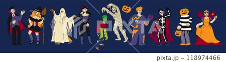 Halloween people. Holiday costume. Spooky ghost. Vampire man. Witch and scary mummy. Woman in princess dress. Character skeleton. Masquerade group. Carnival party clothing. Vector autumn monsters set 118974466