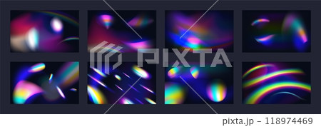 Light flare prism. Rainbow sparkle. Color crystal. Diamond reflection effect. Luminous ray spectrum. Abstract photo overlay. Burst flash. Defocused blur iridescent. Vector gradient backgrounds set 118974469