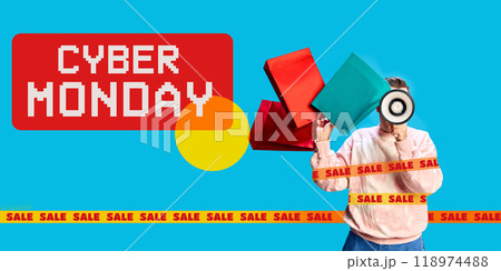 Poster. Contemporary art collage. Person with shopping bags shouting megaphone. that sales season start. Go shopping now. 118974488