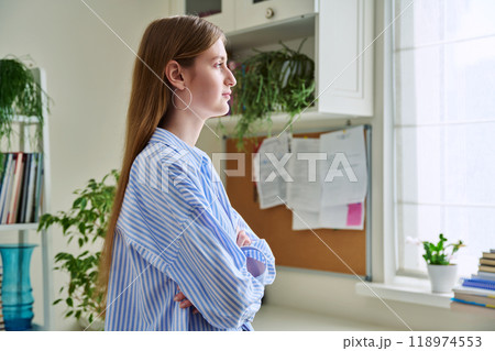 Serious young woman looking out the window, in home interior 118974553