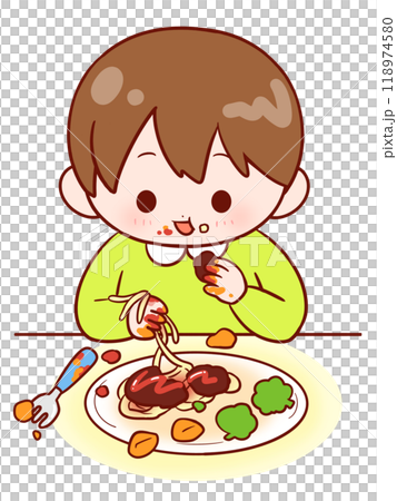 一個男孩用手吃飯 一個男孩用手吃飯 118974580