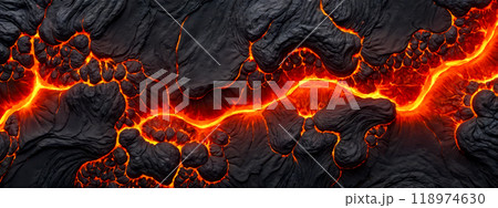 volcanic activity background, natural process of earth geology, molten lava flowing in lava field, cooled lava rocks contrasting with glowing lava, showcasing natural disasters 118974630