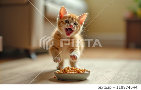 Excited orange striped kitten jumping towards bowl of food on wooden floor in home setting, displaying eagerness and playful energy in domestic environment 118974644