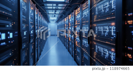 Blue illuminated data center server room, network communication technology, internet hosting service equipment, corporate business cloud storage facility, digital information hub 118974665