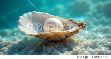 Underwater close-up of pearl in seashell on sandy ground, natural ocean treasure, marine elegance, serene aquatic scene, precious gemstone in mollusk habitat 118974666