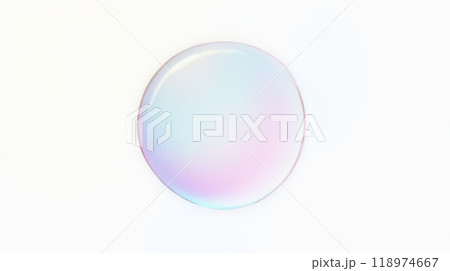 Iridescent soap bubble floating mid-air, colorful reflection on white background, delicate spherical shape with pink, blue hues for design and decoration 118974667
