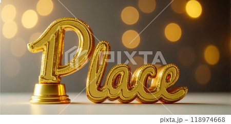 1 place. Golden trophy shaped as number one with word place on blurred background with bokeh lights, celebration, victory, success, achievement, competition, top prize 118974668