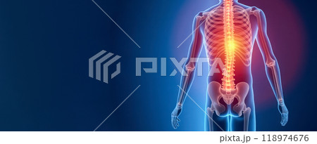Holographic representation of human spine with highlighted medical issues in vertebral column on Dark background. hologram focusing on lumbar region. medical professionals, educators, and students Holographic representation of human spine with highlighted medical issues in vertebral column on Dark background. hologram focusing on lumbar region. medical professionals, educators, and students 118974676
