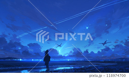 飛行機が飛び立ったあとの夜空の風景 118974700