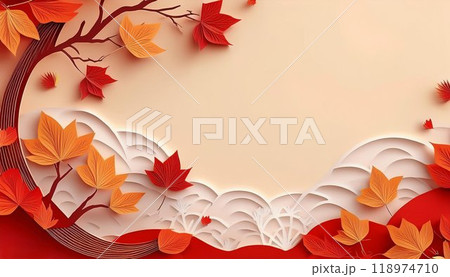 秋に色づいた紅葉の切り絵アート。秋をイメージしたバナー背景素材。 118974710