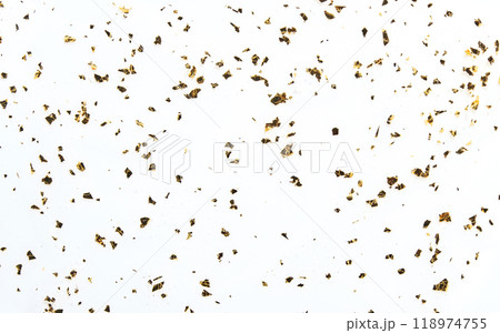 Elegant white and gold abstract background with scattered foil pieces for luxury 118974755