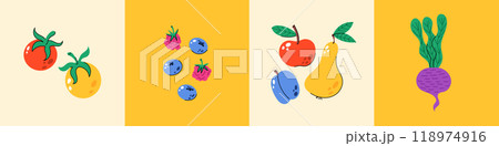 Doodle fruits and veggies. Modern organic geometry minimal style. Simple tropical fruits and vegetables. Vector flat. 118974916