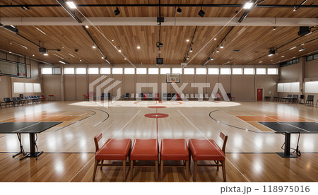 Basketball court with tribune and referee table mockup, front view. 118975016