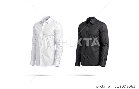 Blank black and white classic shirt mockup set, side view. 118975063