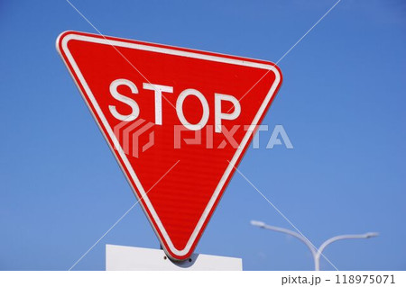 道路標識　英字標記のとまれ標識　空バック 118975071