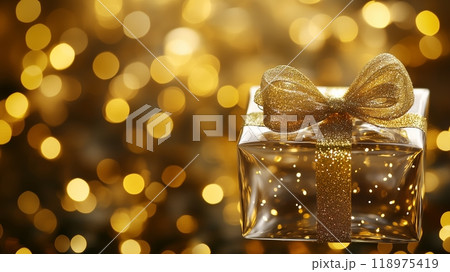 Transparent glass Christmas gift with a festive golden bokeh background. 118975419
