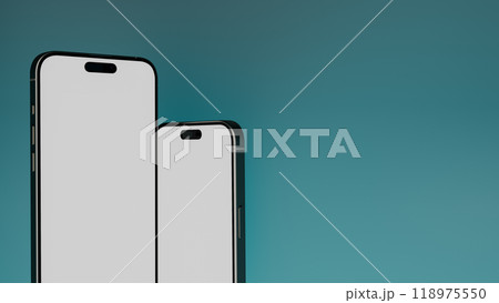 Two smartphones blank screen close up with blue background, 3d render 118975550