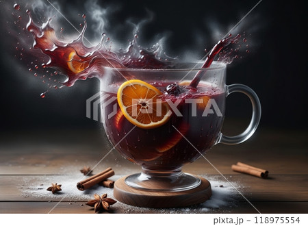 glass with hot mulled wine on black background 118975554