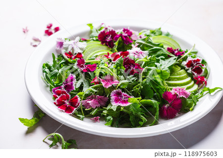 Green salad with apple and pink culinary flowers on white plate, on pink marble background. Green salad with apple and pink culinary flowers on white plate, on pink marble background. 118975603