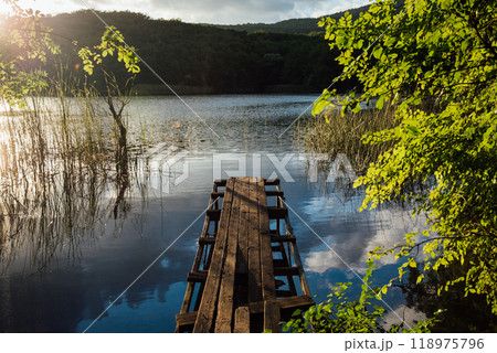 wooden bridge for fishing near the forest lake river 118975796