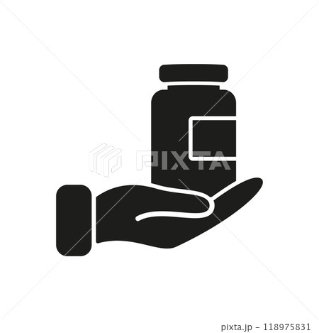 Hand Holding Supplement Bottle Silhouette Icon. Health, Wellness, Dietary and Vitamins. Isolated Vector Illustration Hand Holding Supplement Bottle Silhouette Icon. Health, Wellness, Dietary and Vitamins. Isolated Vector Illustration 118975831