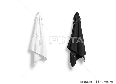Blank black and white big towel hanging on hook mockup. Blank black and white big towel hanging on hook mockup. 118976076