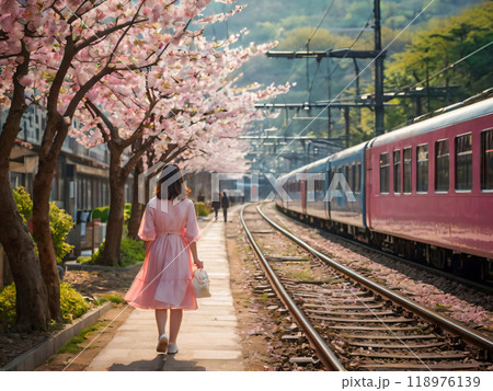 beautiful young woman in a pink sakura 118976139
