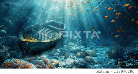 Underwater scene with a sunken boat and fish, adventure and mystery, with copyspace 118976296