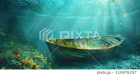 Underwater scene with a sunken boat and fish, adventure and mystery, with copyspace Underwater scene with a sunken boat and fish, adventure and mystery, with copyspace 118976297