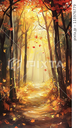 A glowing autumn forest path illuminated by soft sunlight, with leaves gently falling from trees. Generated AI. 118976779
