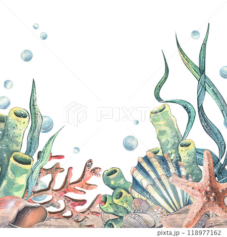 Seahorse, jellyfish, seashell, coral, starfish, sea sponge, algae, pebbles and bubbles. Hand drawn watercolor illustration of sea animals and the underwater. Template, frame square for the text. 118977162
