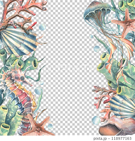 Seahorse, jellyfish, seashell, coral, starfish, sea sponge, algae, pebbles and bubbles. Hand drawn watercolor illustration of sea animals and the underwater. Template, frame square for the text. 118977163