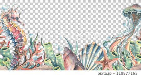 Seahorse, jellyfish, seashell, coral, starfish, sea sponge, algae, pebbles and bubbles. Hand drawn watercolor illustration of sea animals and the underwater. Template, frame rectangular, horizontal 118977165